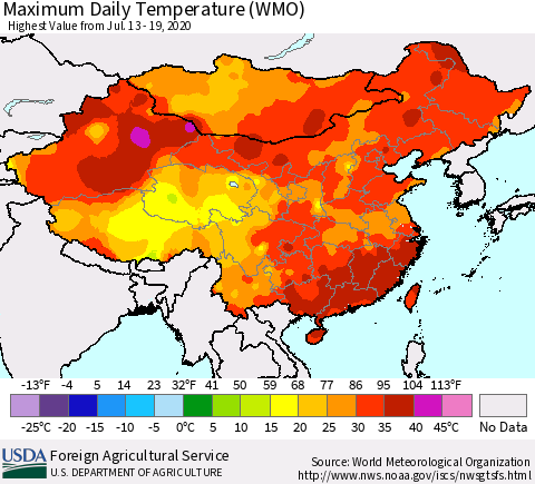 China, Mongolia and Taiwan Maximum Daily Temperature (WMO) Thematic Map For 7/13/2020 - 7/19/2020