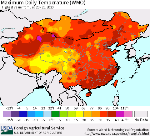 China, Mongolia and Taiwan Maximum Daily Temperature (WMO) Thematic Map For 7/20/2020 - 7/26/2020