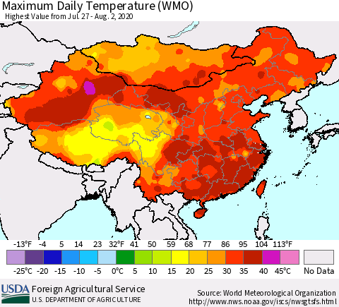 China, Mongolia and Taiwan Maximum Daily Temperature (WMO) Thematic Map For 7/27/2020 - 8/2/2020
