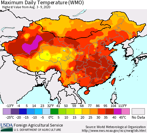 China, Mongolia and Taiwan Maximum Daily Temperature (WMO) Thematic Map For 8/3/2020 - 8/9/2020