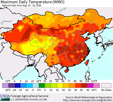 China, Mongolia and Taiwan Maximum Daily Temperature (WMO) Thematic Map For 8/10/2020 - 8/16/2020