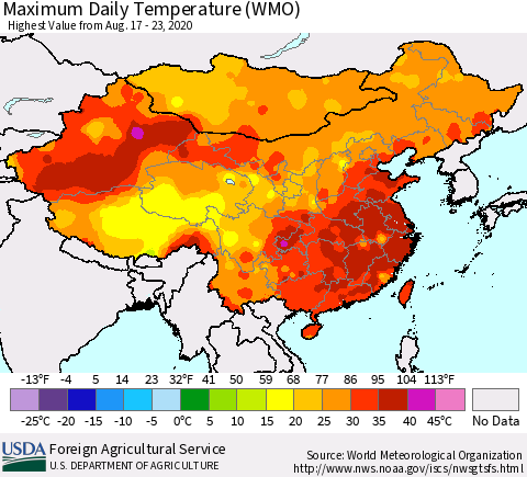 China, Mongolia and Taiwan Maximum Daily Temperature (WMO) Thematic Map For 8/17/2020 - 8/23/2020