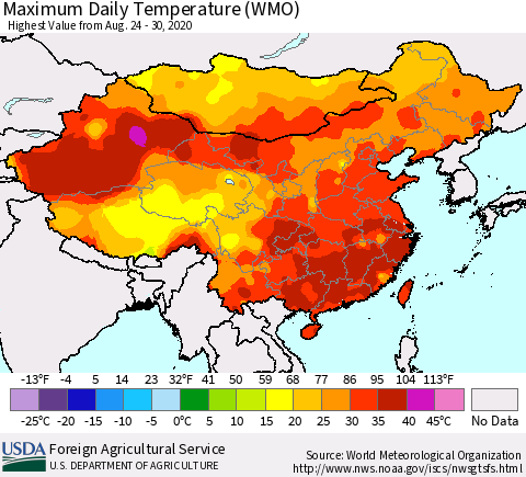 China, Mongolia and Taiwan Maximum Daily Temperature (WMO) Thematic Map For 8/24/2020 - 8/30/2020