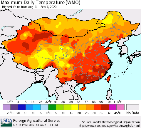 China, Mongolia and Taiwan Maximum Daily Temperature (WMO) Thematic Map For 8/31/2020 - 9/6/2020