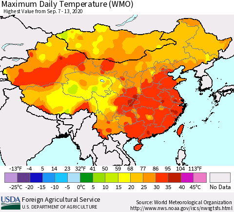China, Mongolia and Taiwan Maximum Daily Temperature (WMO) Thematic Map For 9/7/2020 - 9/13/2020
