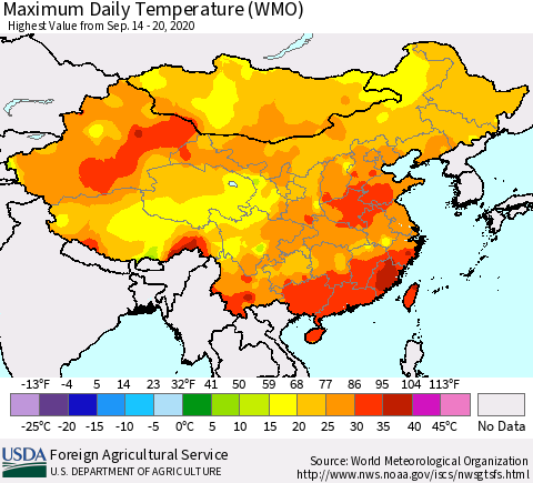China, Mongolia and Taiwan Maximum Daily Temperature (WMO) Thematic Map For 9/14/2020 - 9/20/2020