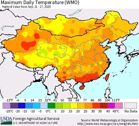 China, Mongolia and Taiwan Maximum Daily Temperature (WMO) Thematic Map For 9/21/2020 - 9/27/2020