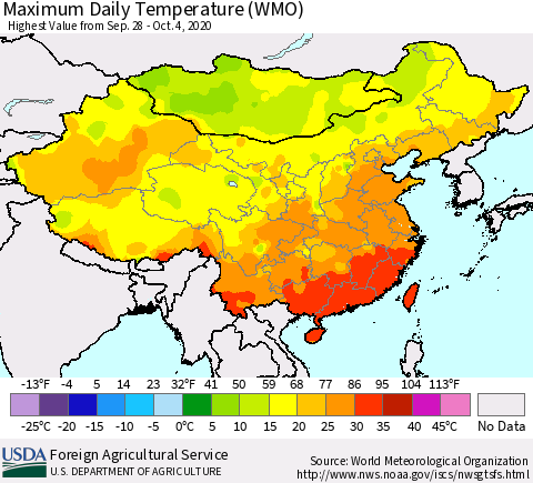 China, Mongolia and Taiwan Maximum Daily Temperature (WMO) Thematic Map For 9/28/2020 - 10/4/2020