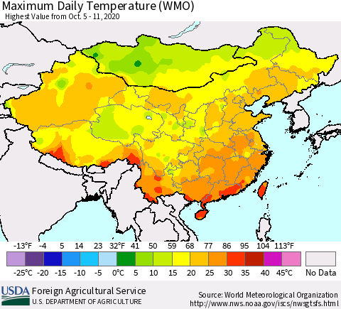 China, Mongolia and Taiwan Maximum Daily Temperature (WMO) Thematic Map For 10/5/2020 - 10/11/2020