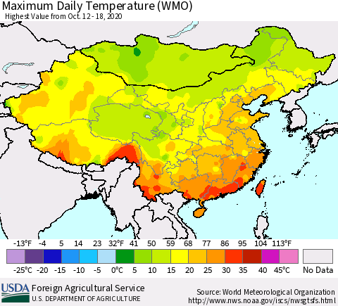 China, Mongolia and Taiwan Maximum Daily Temperature (WMO) Thematic Map For 10/12/2020 - 10/18/2020