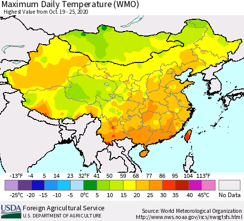 China, Mongolia and Taiwan Maximum Daily Temperature (WMO) Thematic Map For 10/19/2020 - 10/25/2020