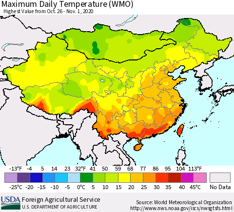 China, Mongolia and Taiwan Maximum Daily Temperature (WMO) Thematic Map For 10/26/2020 - 11/1/2020