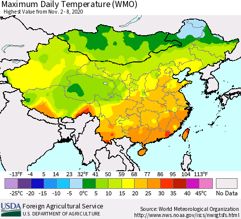 China, Mongolia and Taiwan Maximum Daily Temperature (WMO) Thematic Map For 11/2/2020 - 11/8/2020