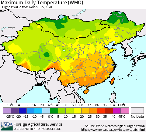 China, Mongolia and Taiwan Maximum Daily Temperature (WMO) Thematic Map For 11/9/2020 - 11/15/2020