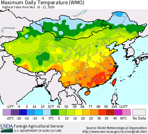 China, Mongolia and Taiwan Maximum Daily Temperature (WMO) Thematic Map For 11/16/2020 - 11/22/2020