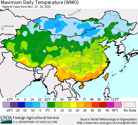 China, Mongolia and Taiwan Maximum Daily Temperature (WMO) Thematic Map For 11/23/2020 - 11/29/2020