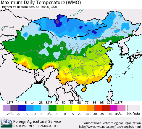 China, Mongolia and Taiwan Maximum Daily Temperature (WMO) Thematic Map For 11/30/2020 - 12/6/2020