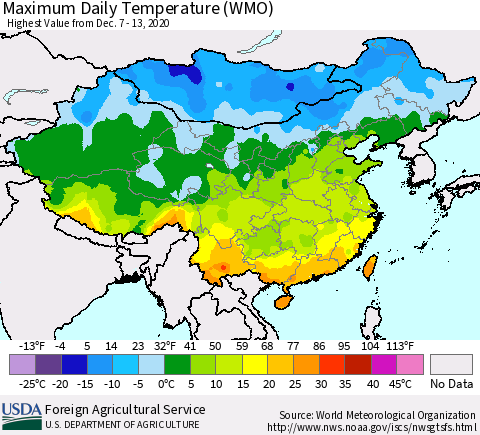 China, Mongolia and Taiwan Maximum Daily Temperature (WMO) Thematic Map For 12/7/2020 - 12/13/2020