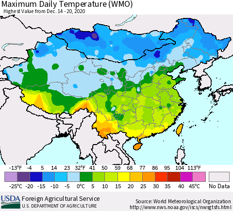 China, Mongolia and Taiwan Maximum Daily Temperature (WMO) Thematic Map For 12/14/2020 - 12/20/2020