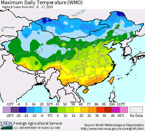 China, Mongolia and Taiwan Maximum Daily Temperature (WMO) Thematic Map For 12/21/2020 - 12/27/2020