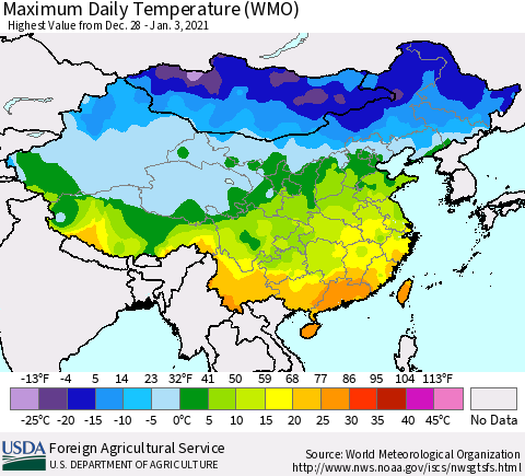 China, Mongolia and Taiwan Maximum Daily Temperature (WMO) Thematic Map For 12/28/2020 - 1/3/2021