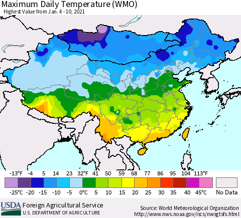 China, Mongolia and Taiwan Maximum Daily Temperature (WMO) Thematic Map For 1/4/2021 - 1/10/2021