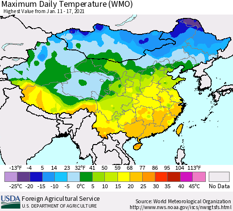 China, Mongolia and Taiwan Maximum Daily Temperature (WMO) Thematic Map For 1/11/2021 - 1/17/2021