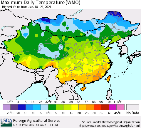 China, Mongolia and Taiwan Maximum Daily Temperature (WMO) Thematic Map For 1/18/2021 - 1/24/2021