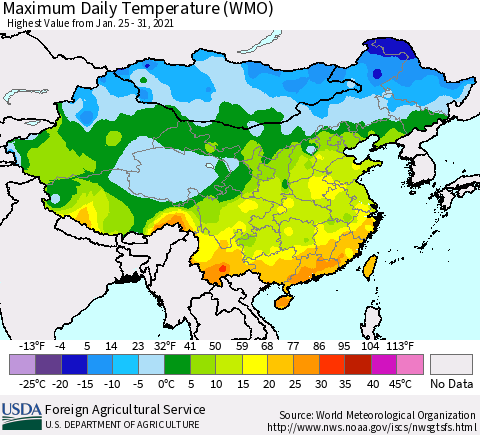 China, Mongolia and Taiwan Maximum Daily Temperature (WMO) Thematic Map For 1/25/2021 - 1/31/2021