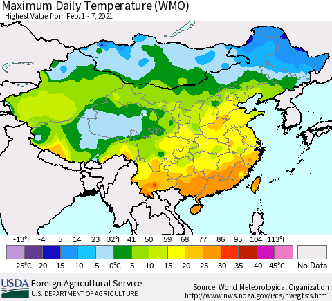 China, Mongolia and Taiwan Maximum Daily Temperature (WMO) Thematic Map For 2/1/2021 - 2/7/2021