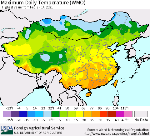 China, Mongolia and Taiwan Maximum Daily Temperature (WMO) Thematic Map For 2/8/2021 - 2/14/2021
