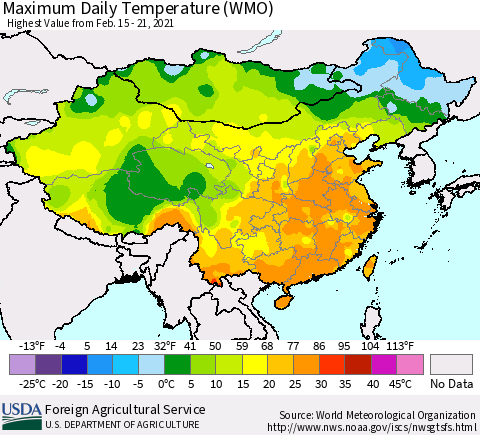 China, Mongolia and Taiwan Maximum Daily Temperature (WMO) Thematic Map For 2/15/2021 - 2/21/2021
