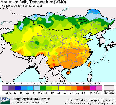 China, Mongolia and Taiwan Maximum Daily Temperature (WMO) Thematic Map For 2/22/2021 - 2/28/2021