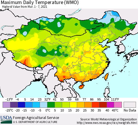 China, Mongolia and Taiwan Maximum Daily Temperature (WMO) Thematic Map For 3/1/2021 - 3/7/2021