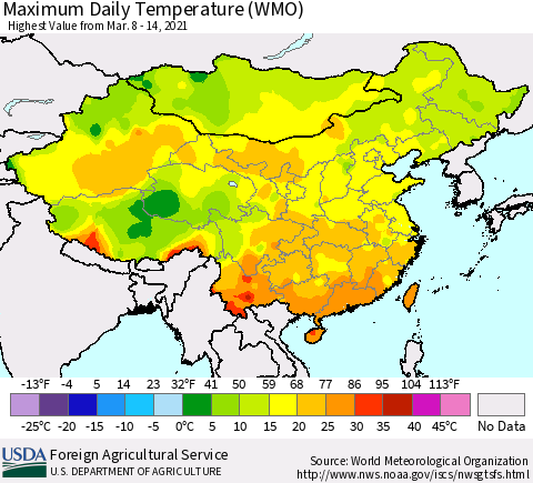 China, Mongolia and Taiwan Maximum Daily Temperature (WMO) Thematic Map For 3/8/2021 - 3/14/2021