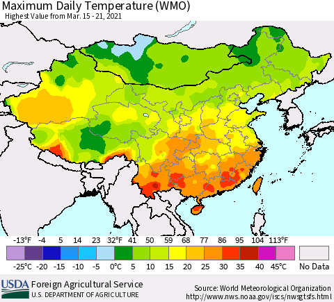 China, Mongolia and Taiwan Maximum Daily Temperature (WMO) Thematic Map For 3/15/2021 - 3/21/2021