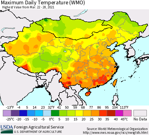 China, Mongolia and Taiwan Maximum Daily Temperature (WMO) Thematic Map For 3/22/2021 - 3/28/2021