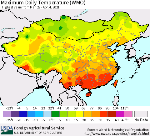 China, Mongolia and Taiwan Maximum Daily Temperature (WMO) Thematic Map For 3/29/2021 - 4/4/2021