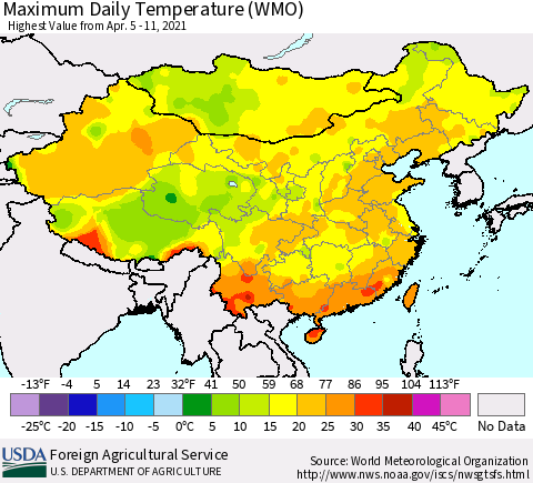 China, Mongolia and Taiwan Maximum Daily Temperature (WMO) Thematic Map For 4/5/2021 - 4/11/2021