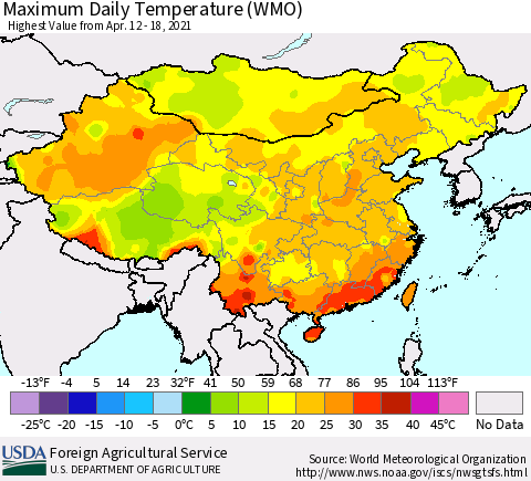 China, Mongolia and Taiwan Maximum Daily Temperature (WMO) Thematic Map For 4/12/2021 - 4/18/2021