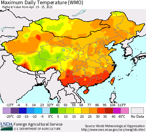 China, Mongolia and Taiwan Maximum Daily Temperature (WMO) Thematic Map For 4/19/2021 - 4/25/2021
