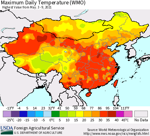 China, Mongolia and Taiwan Maximum Daily Temperature (WMO) Thematic Map For 5/3/2021 - 5/9/2021