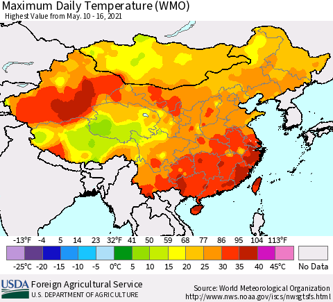 China, Mongolia and Taiwan Maximum Daily Temperature (WMO) Thematic Map For 5/10/2021 - 5/16/2021