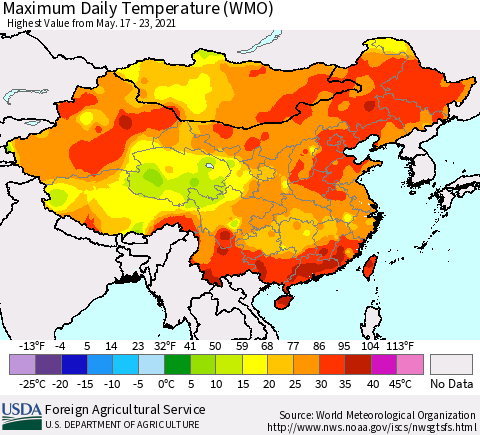 China, Mongolia and Taiwan Maximum Daily Temperature (WMO) Thematic Map For 5/17/2021 - 5/23/2021