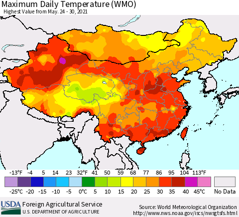 China, Mongolia and Taiwan Maximum Daily Temperature (WMO) Thematic Map For 5/24/2021 - 5/30/2021