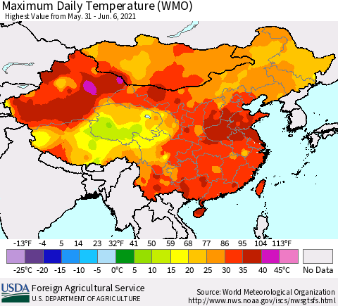 China, Mongolia and Taiwan Maximum Daily Temperature (WMO) Thematic Map For 5/31/2021 - 6/6/2021