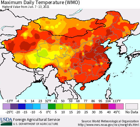 China, Mongolia and Taiwan Maximum Daily Temperature (WMO) Thematic Map For 6/7/2021 - 6/13/2021