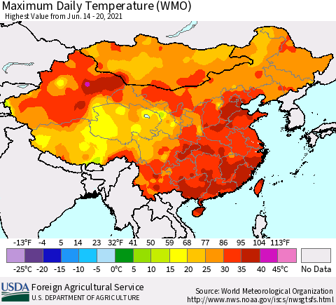 China, Mongolia and Taiwan Maximum Daily Temperature (WMO) Thematic Map For 6/14/2021 - 6/20/2021