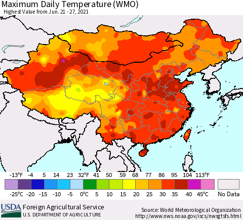 China, Mongolia and Taiwan Maximum Daily Temperature (WMO) Thematic Map For 6/21/2021 - 6/27/2021