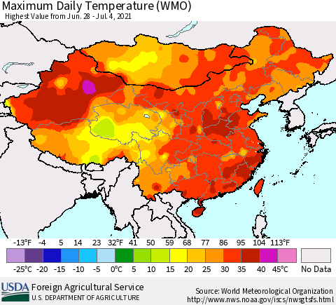 China, Mongolia and Taiwan Maximum Daily Temperature (WMO) Thematic Map For 6/28/2021 - 7/4/2021